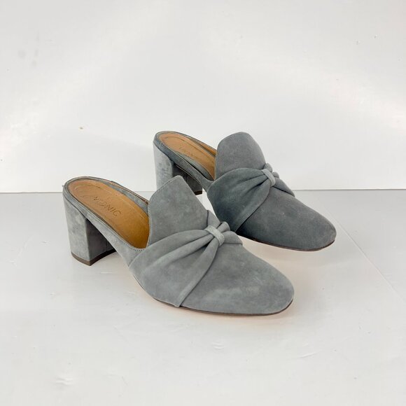 Sz 8- Vionic Plaza Presley Grey Suede Bow Front Square Toe Block‎ Heeled Mules - Picture 1 of 14